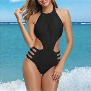 Black Halter Cutout One-Piece Swimsuit